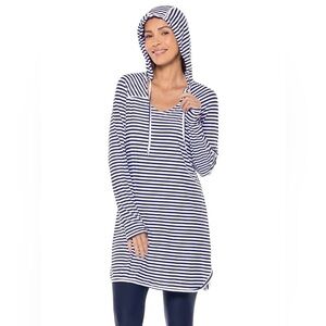 Coolibar Seacoast Swim Cover-Up Hooded Dress Black & White Stripe Beachy Coastal